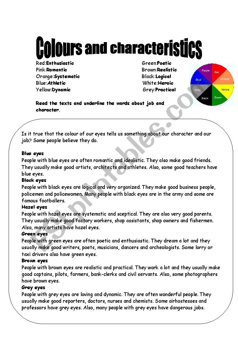Colours and characteristics worksheet