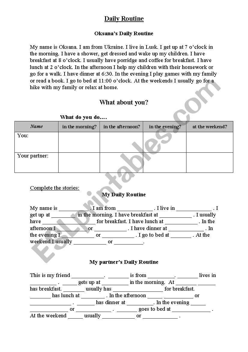 Daily routines pairwork worksheet