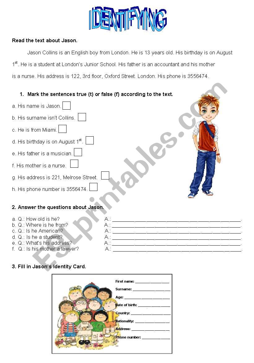 Identifying worksheet