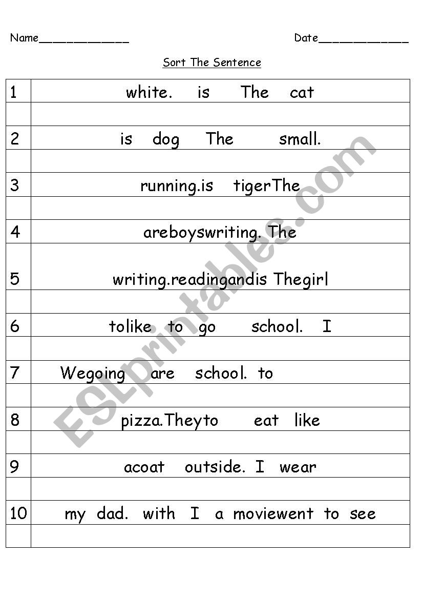 Sort the sentence worksheet