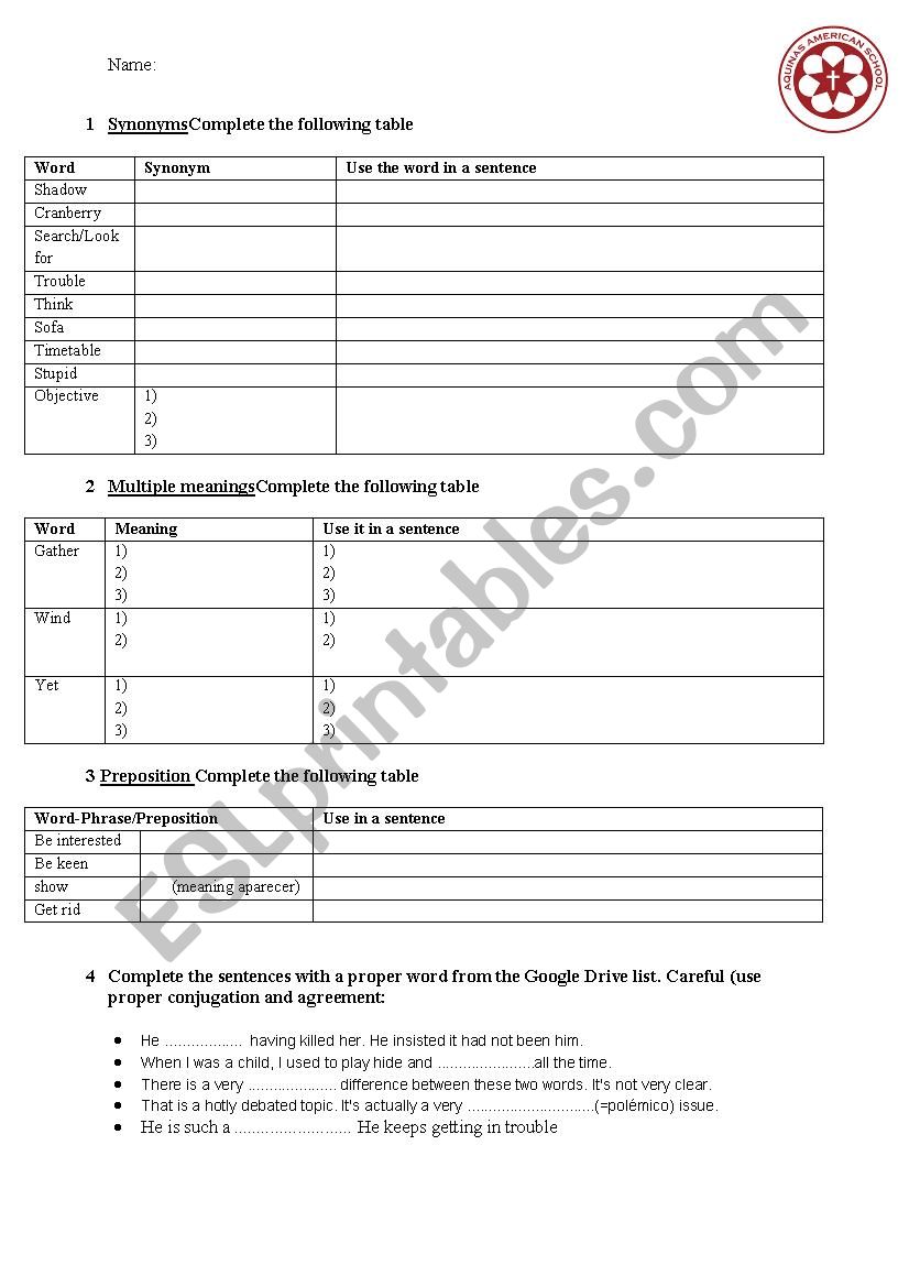 Vocabulary test  worksheet