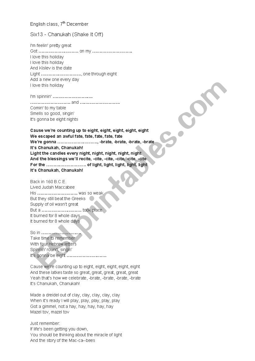 Six13 - Hanukkah song worksheet