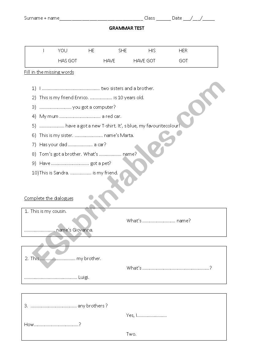 Grammar test worksheet