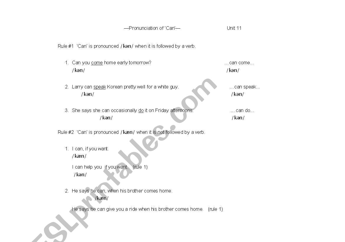 PRONUNCIATION OF CAN AND CANT