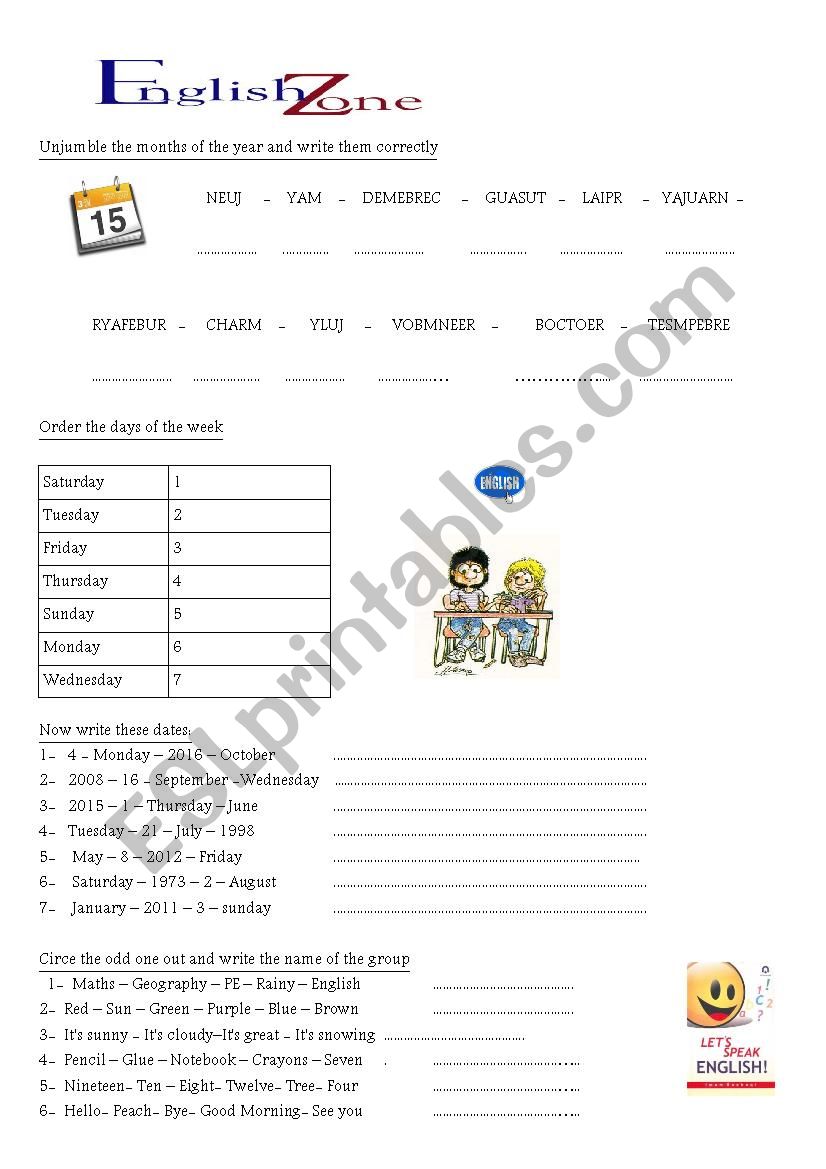 Days, months and dates worksheet