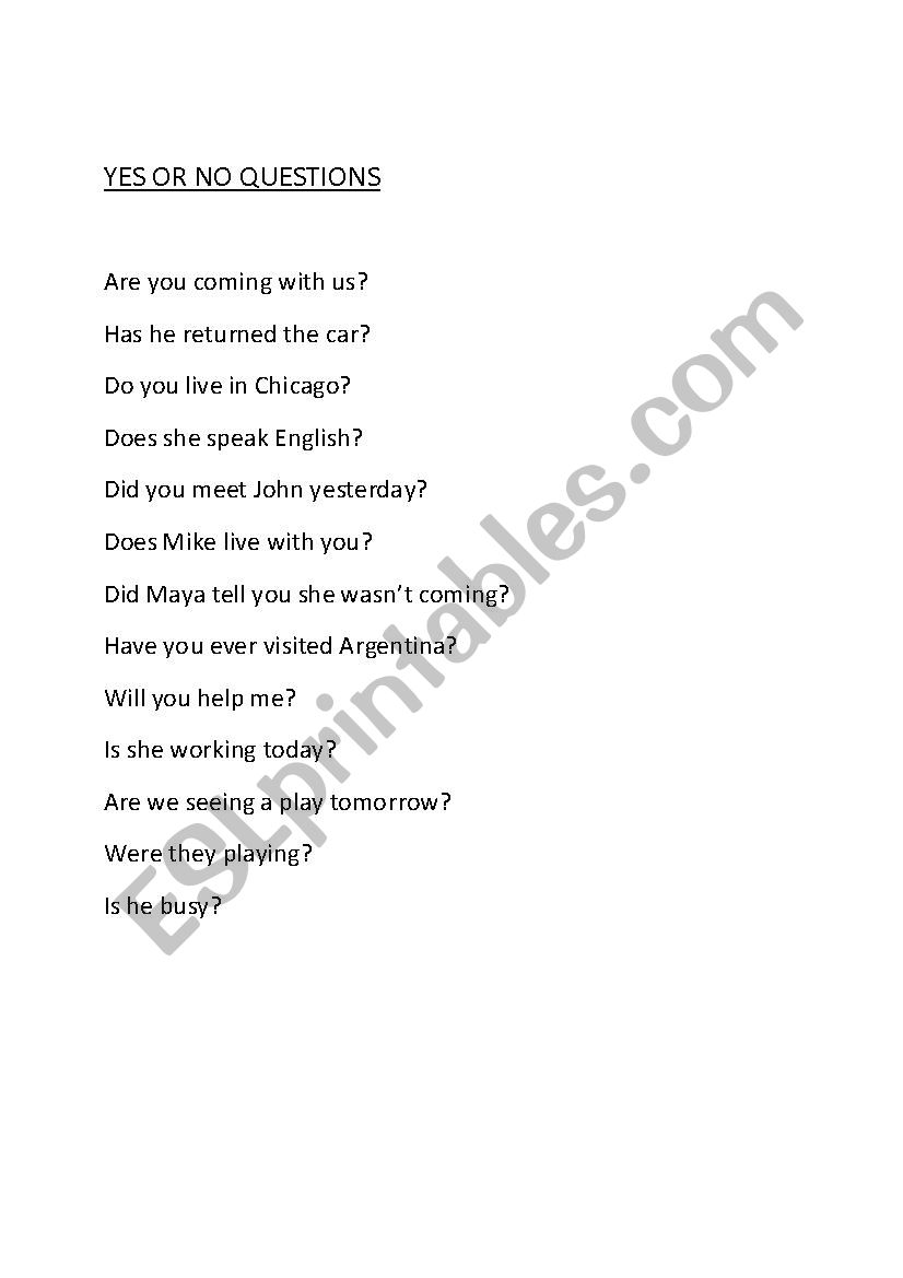 Exercise on Yes or No questions