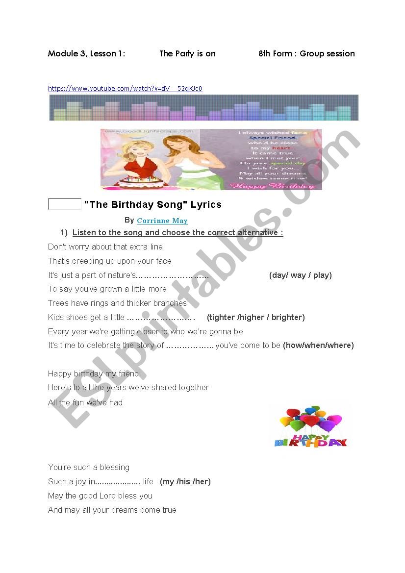 The Party is on: a group session worksheet based on a video song by Carrinne May