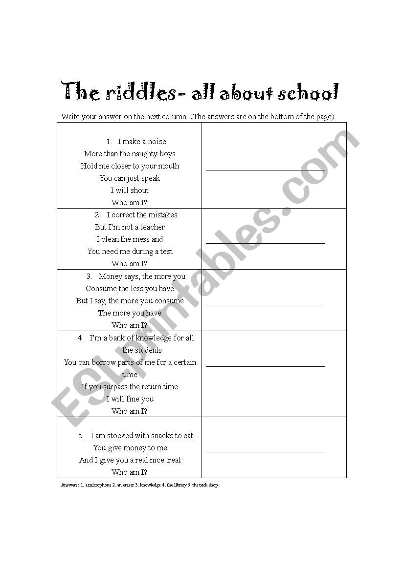 Riddles- school worksheet
