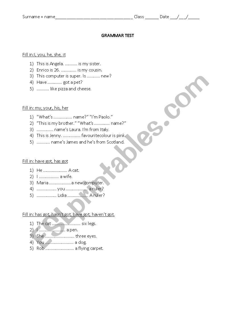 Grammar test worksheet