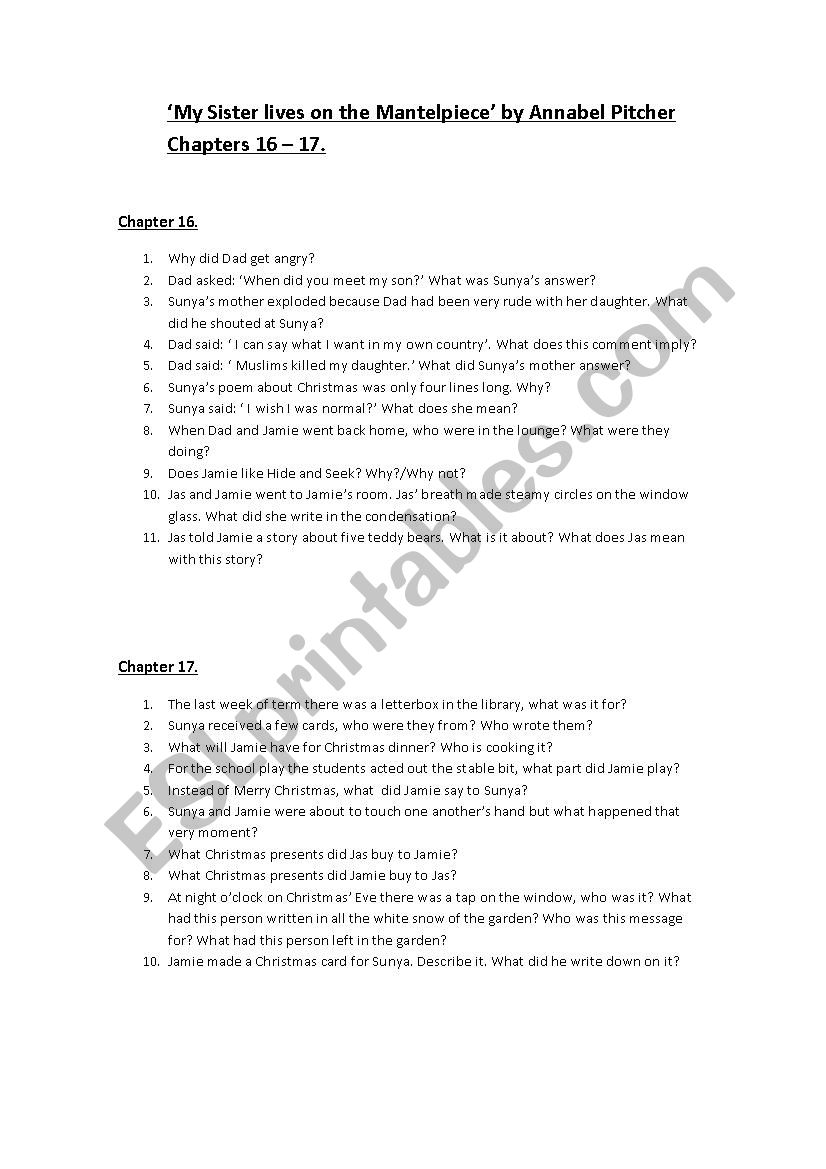 My Sister Lives On The Mantelpiece Annabel Pitcher Esl Worksheet Micaelabarranco