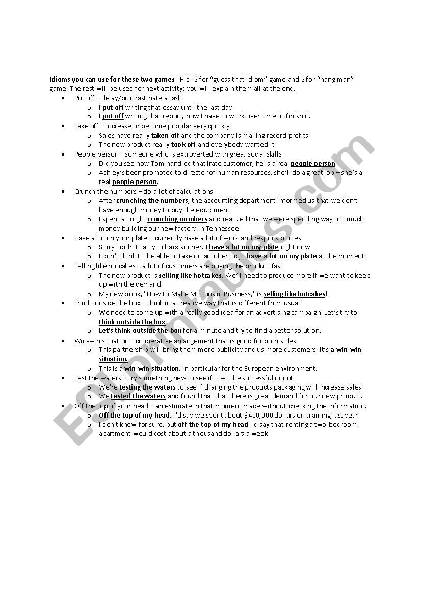 idioms worksheet