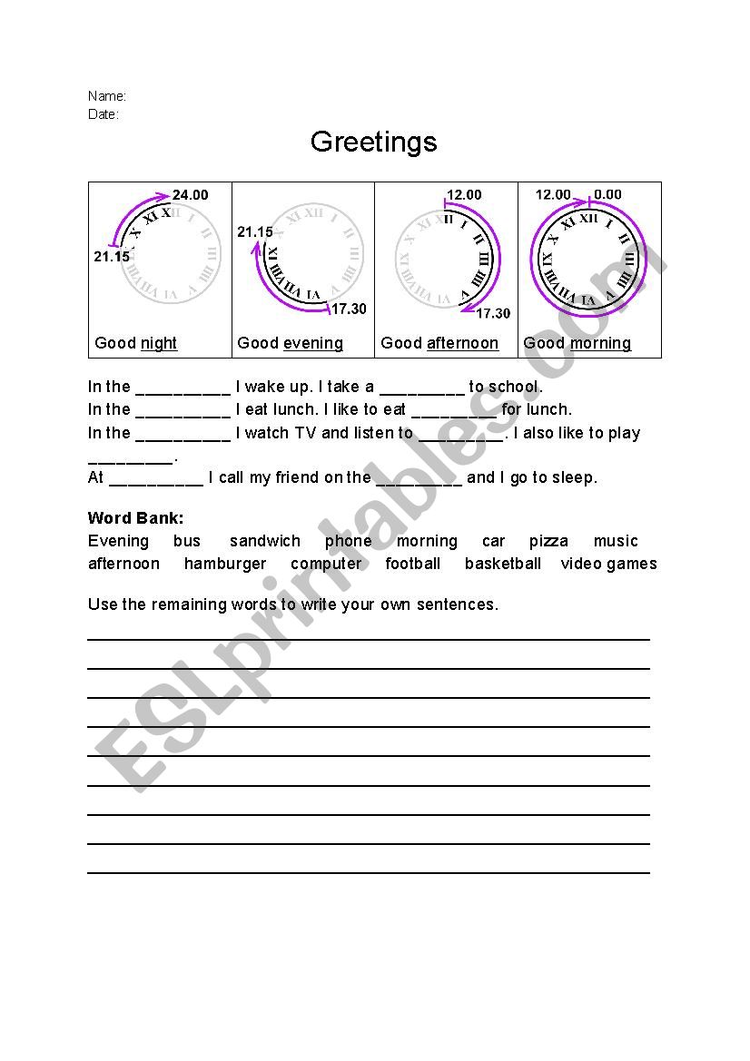 Greetings worksheet