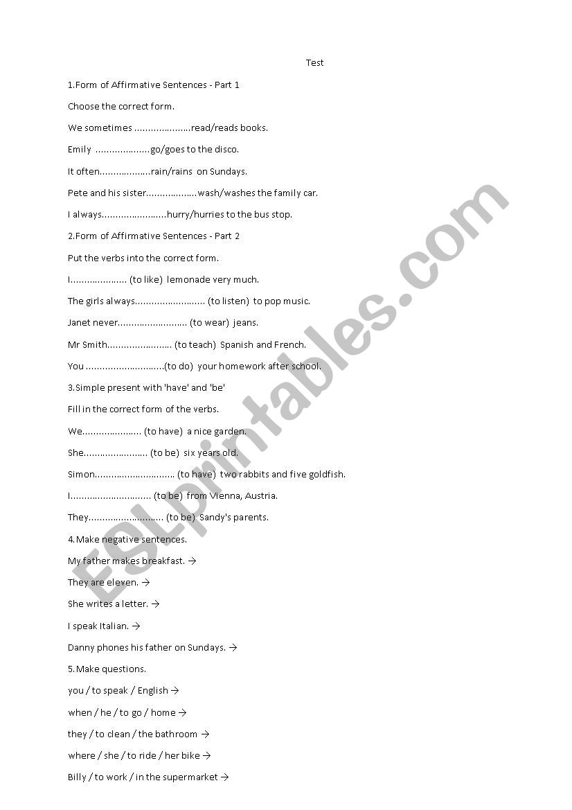 test worksheet