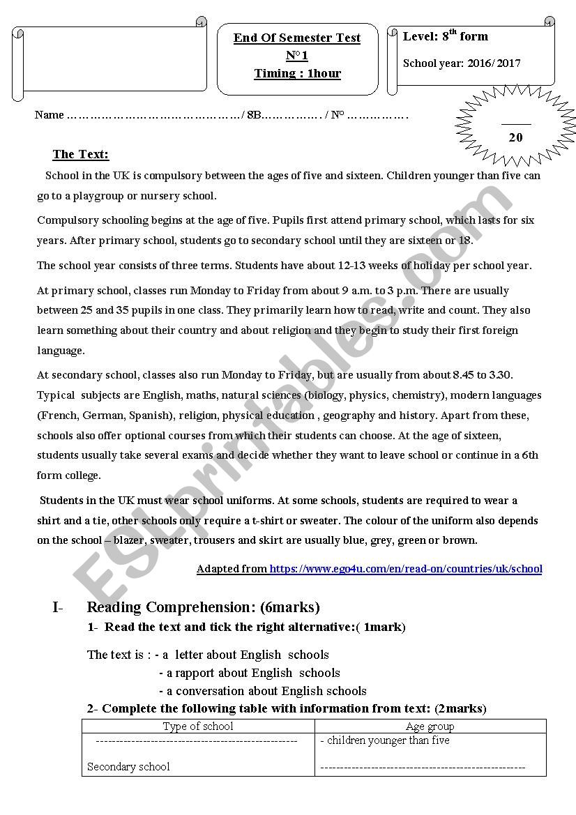 End of Semester test 8th form worksheet