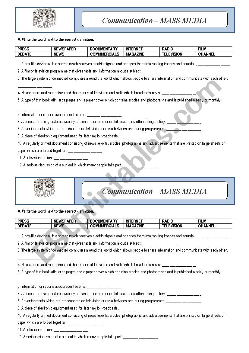 Vcabulary  - Mass Media  worksheet