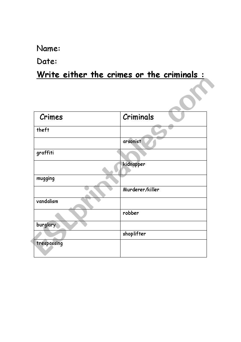 crimes- criminals worksheet
