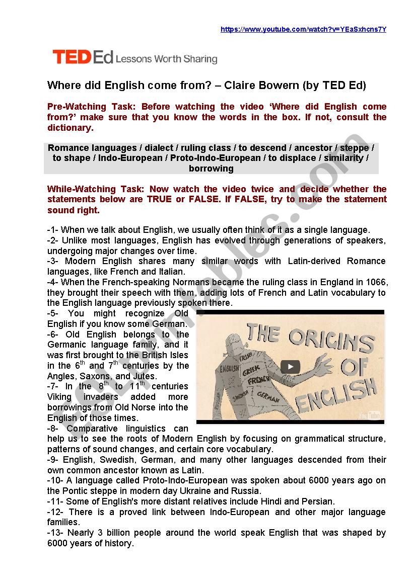 Video Worksheet: Where did English come from? â€“ Claire Bowern (by TED Ed)
