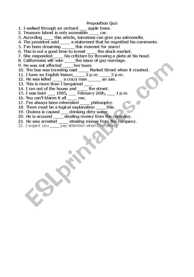 Preposition Quiz worksheet