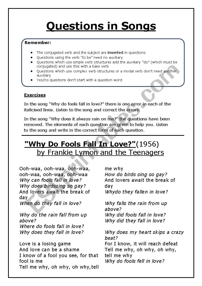 Questions in songs worksheet