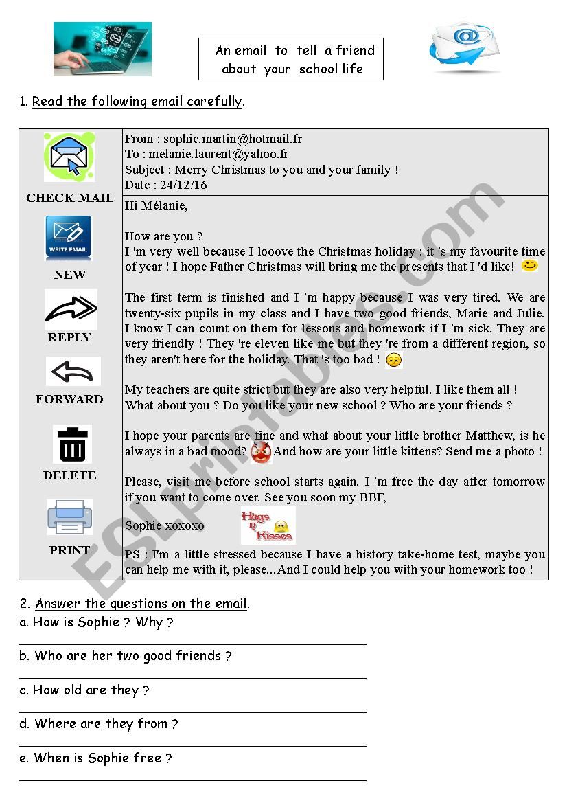 Email about school life worksheet