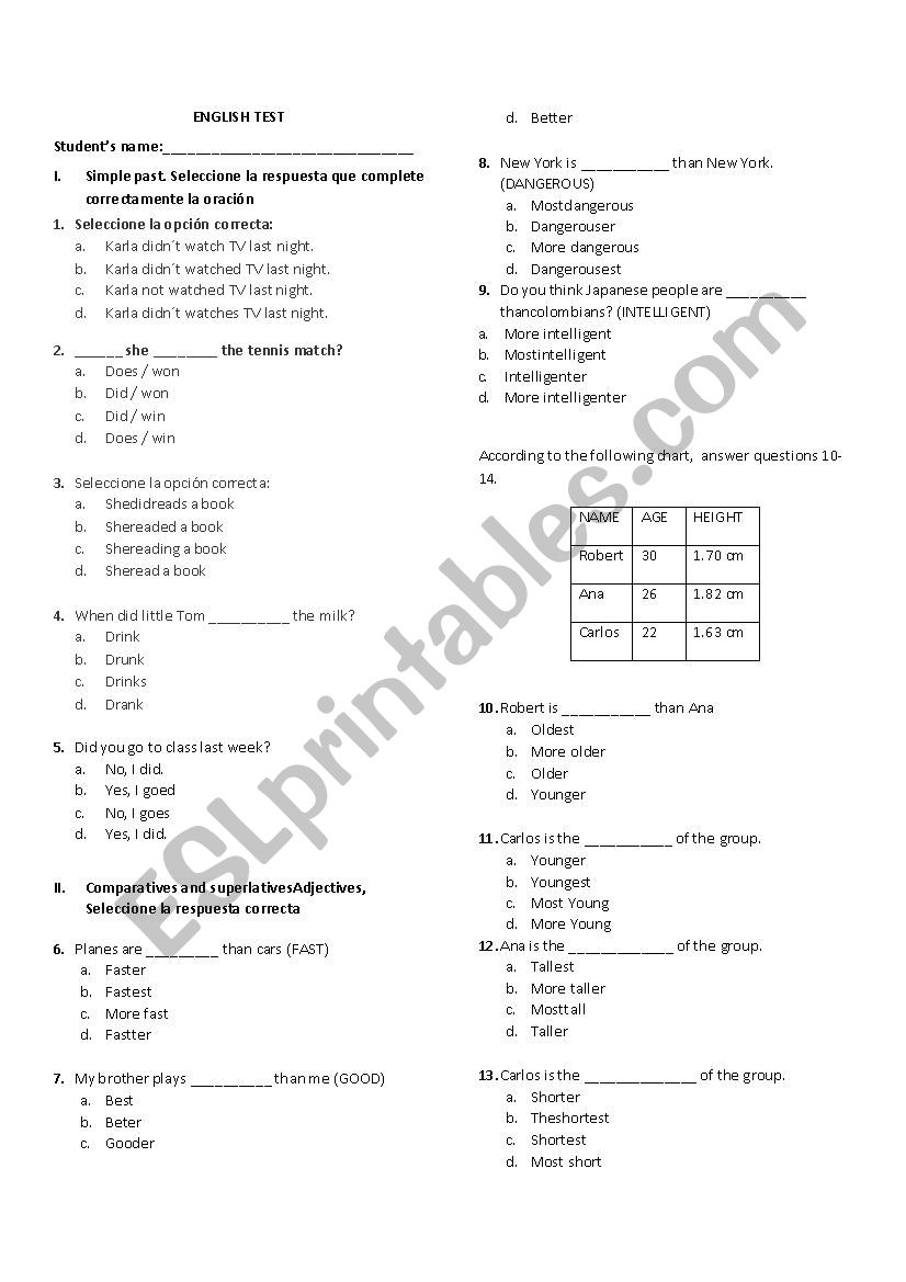 ENGLISH ELEMENTARY TEST  worksheet