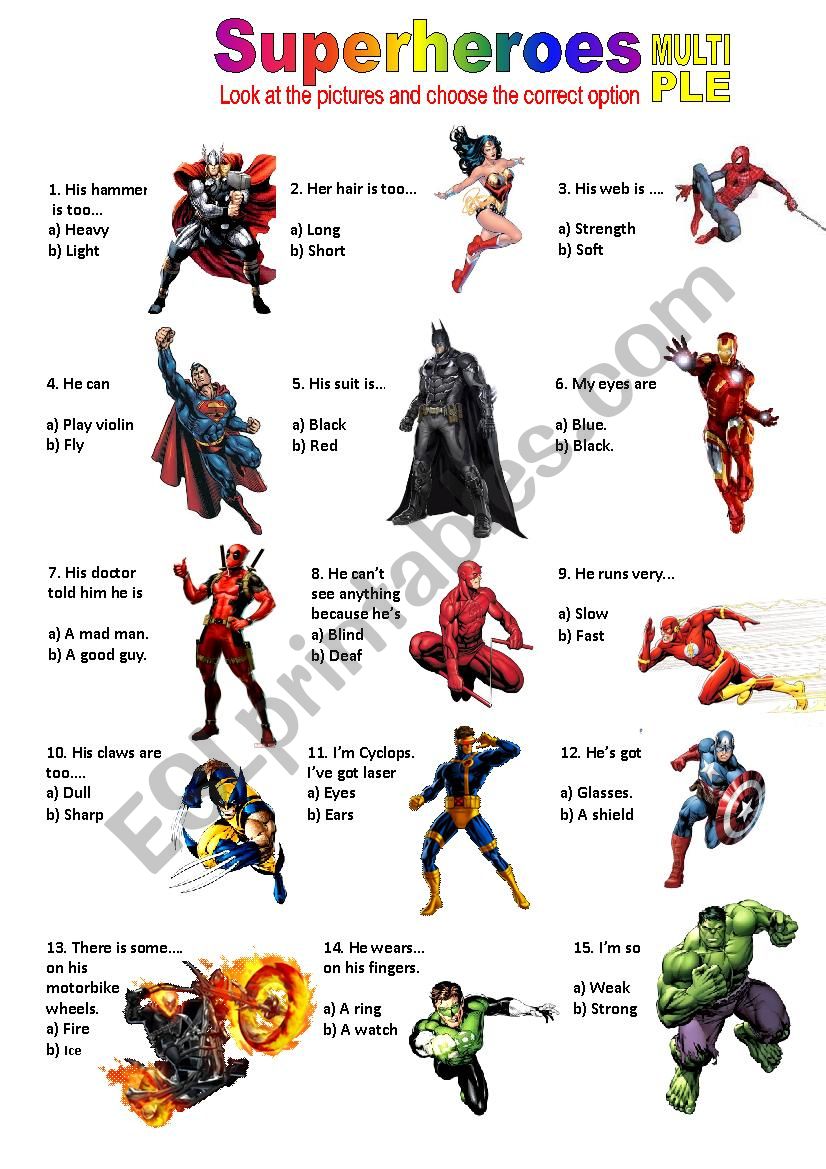 Superheroes multiple choices worksheet