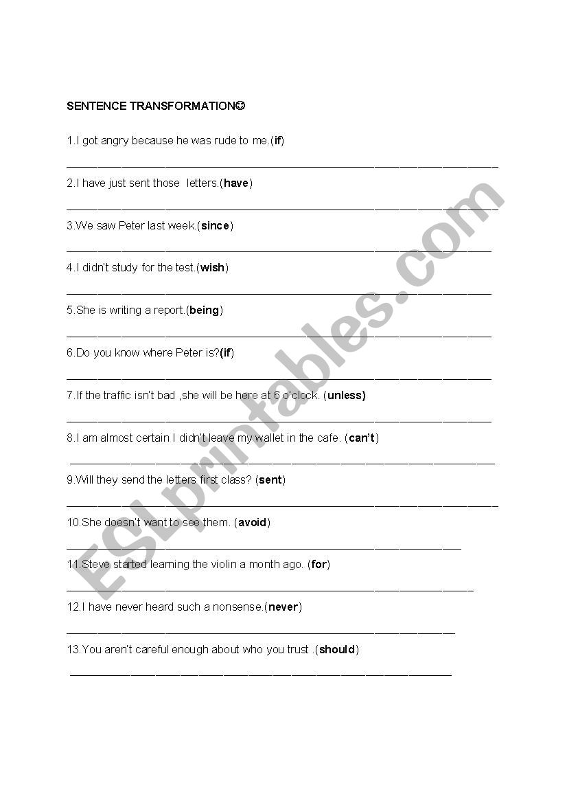 SENTENCE TRANSFORMATION worksheet