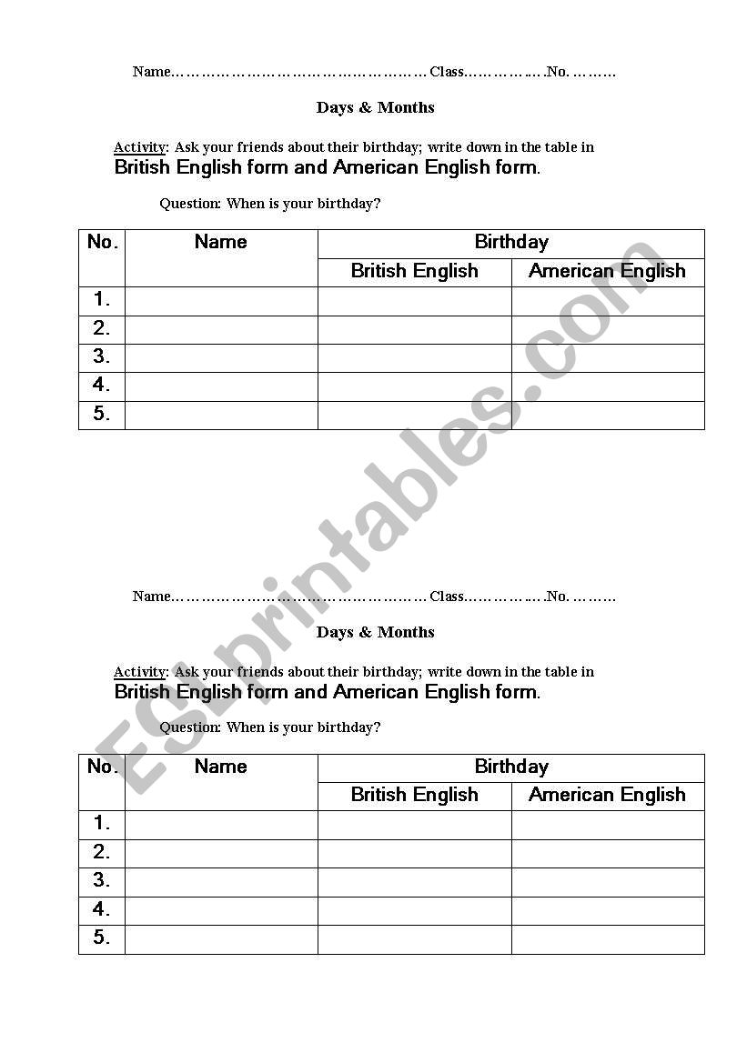 birthday survey worksheet