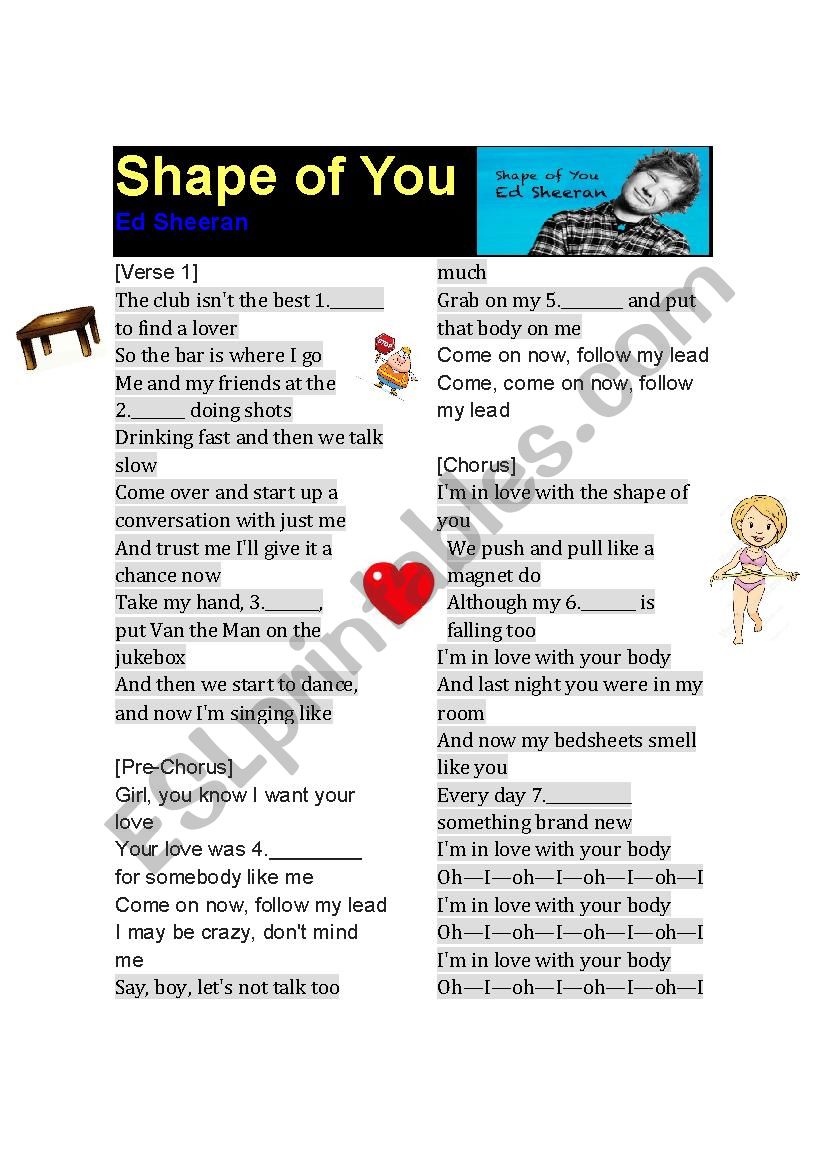 Ed Sheeran Shape Of You Lyrics Esl Worksheet By Felipe1392