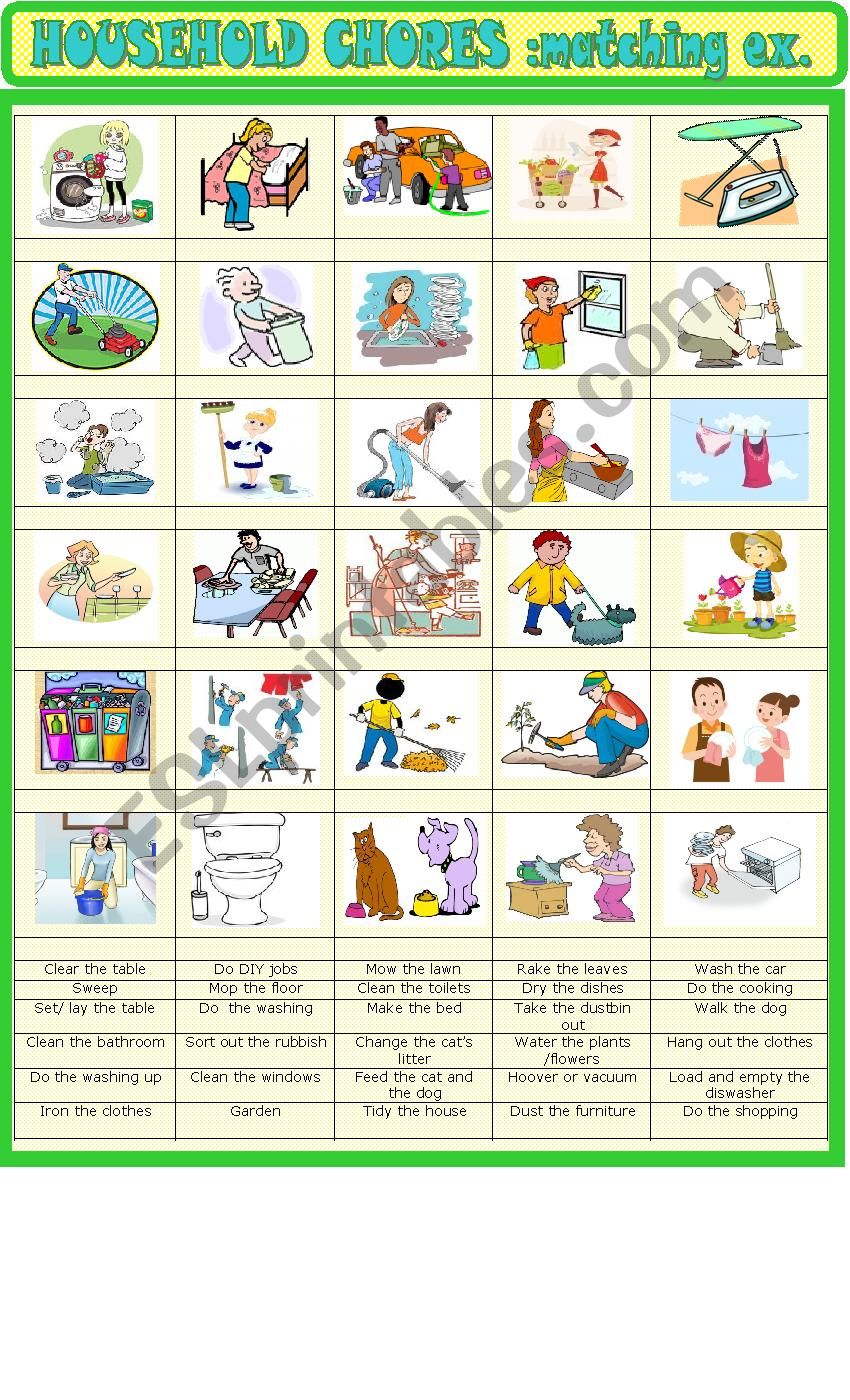 Household chores : matching worksheet