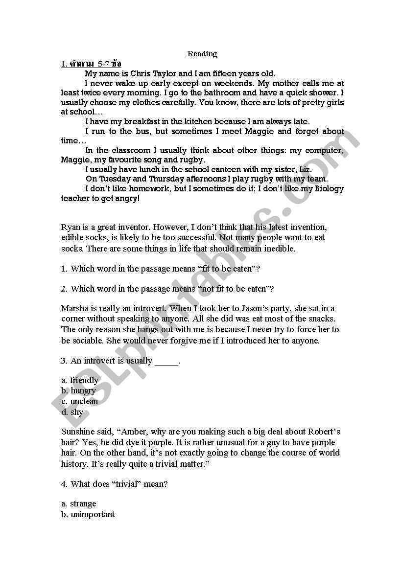 reading worksheet