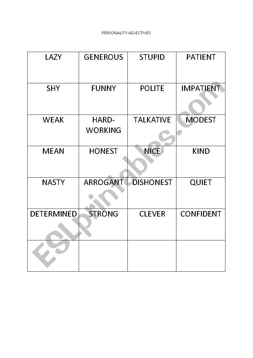 Personality adjectives worksheet