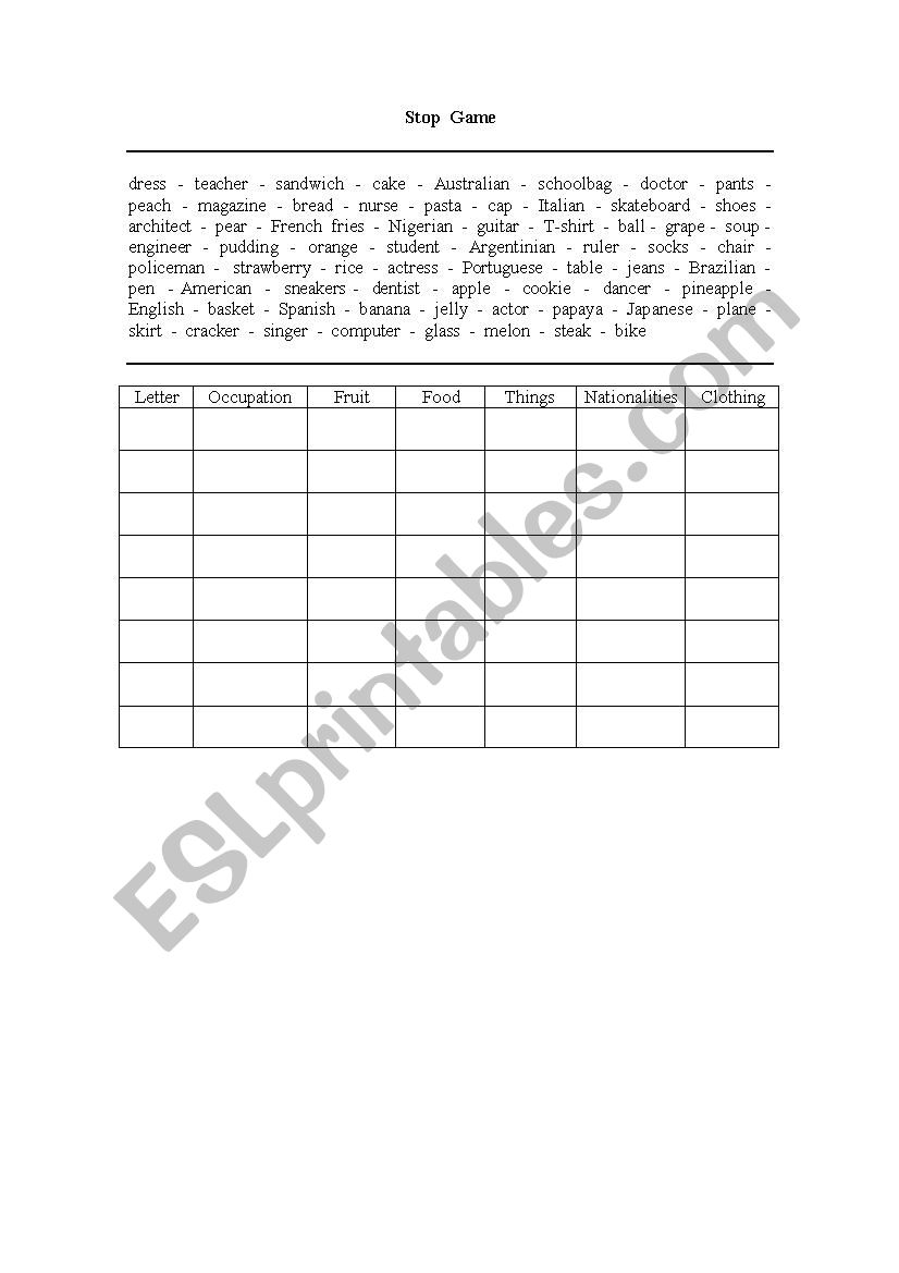 Stop Game worksheet