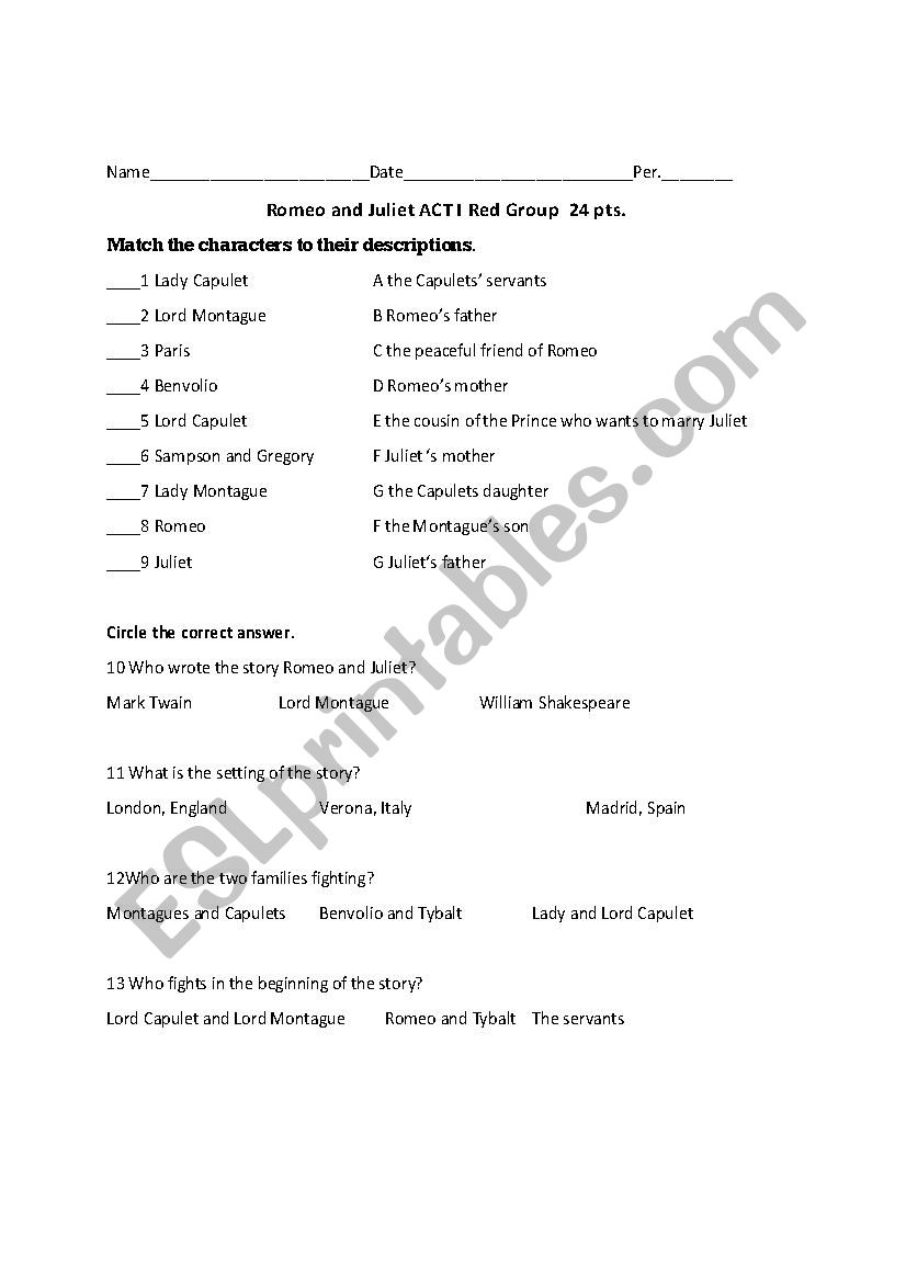 Romeo and Juliet Act I quiz red group