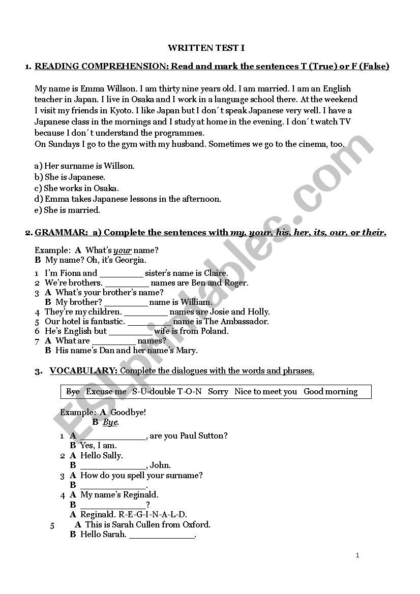 Test for Beginners worksheet