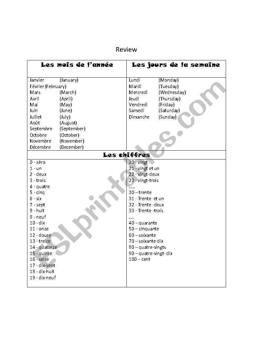 review months-days - numbers worksheet