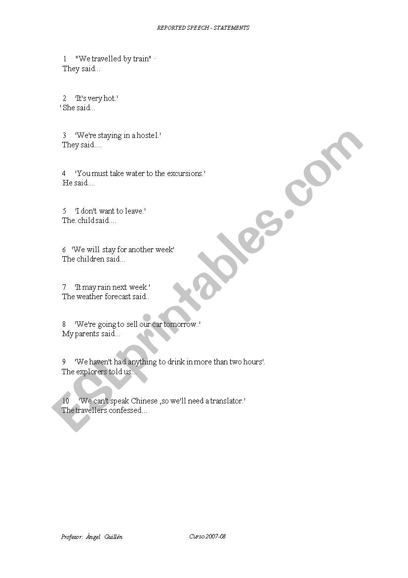 REPORTED SPEECH - STATEMENTS worksheet