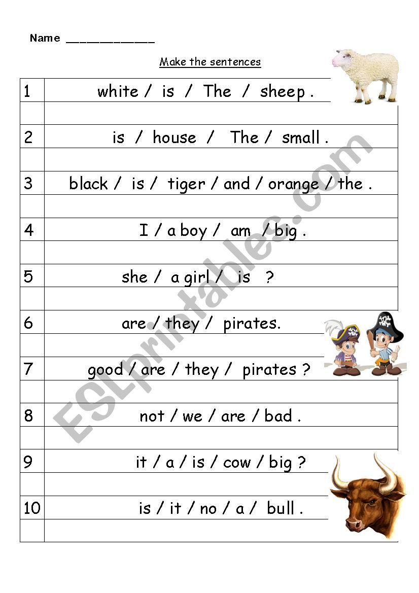 The order of the words  worksheet