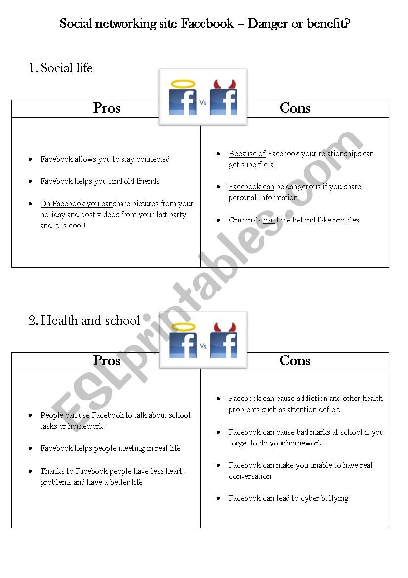 Facebook pros and cons worksheet