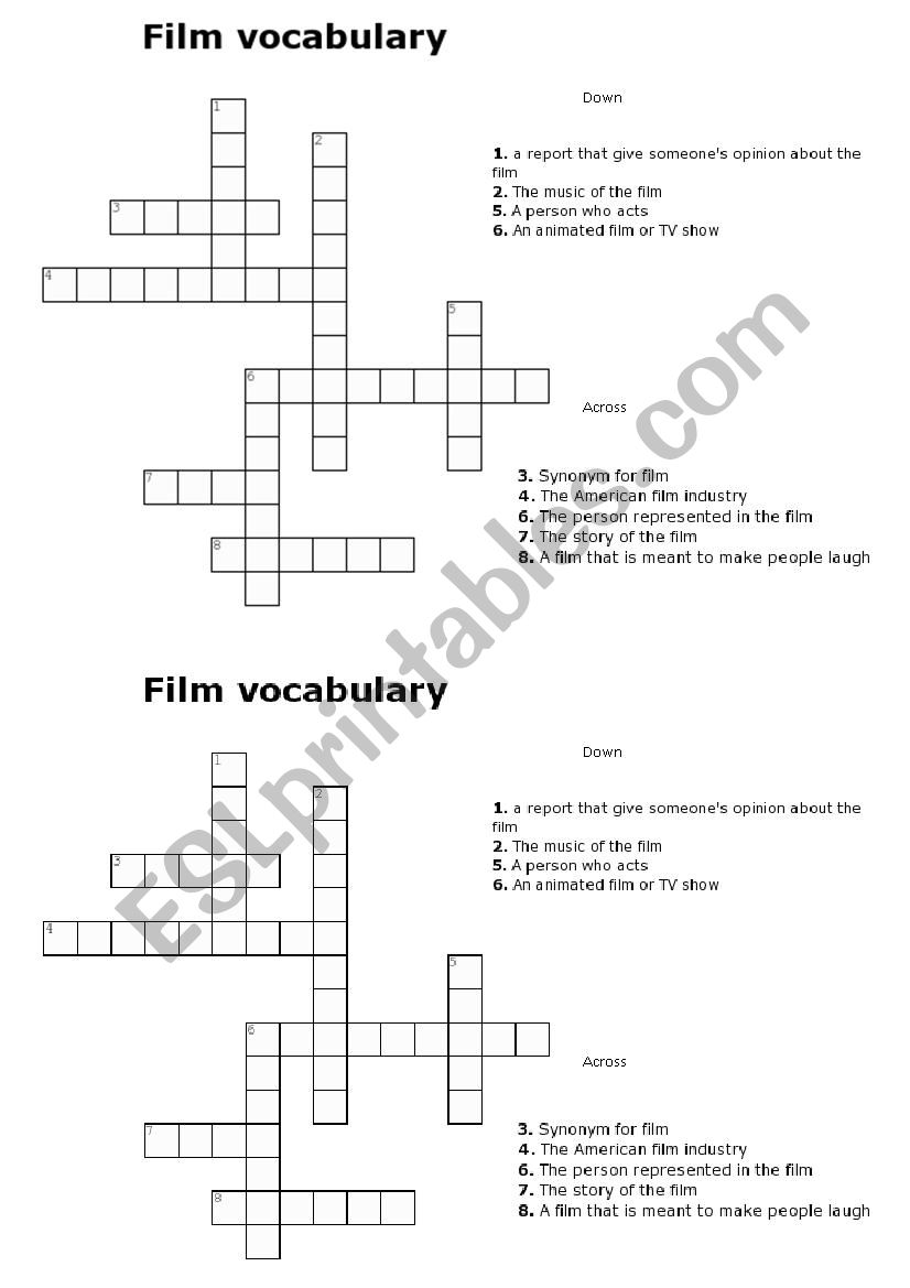 movie vocabulary crosswords worksheet