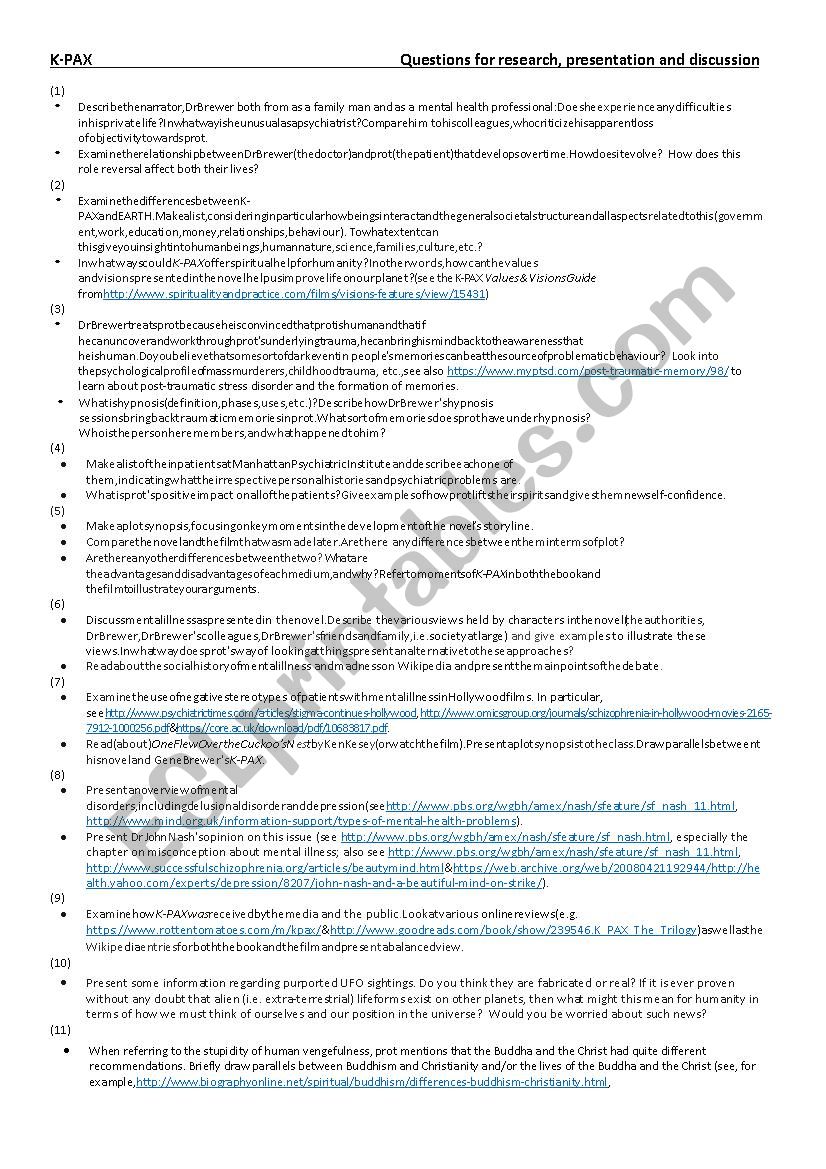 K-PAX (novel by Gene Brewer) - Questions for research & presentations