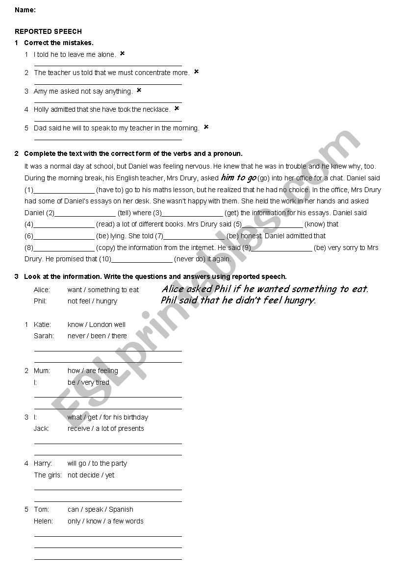 reported speech test worksheet