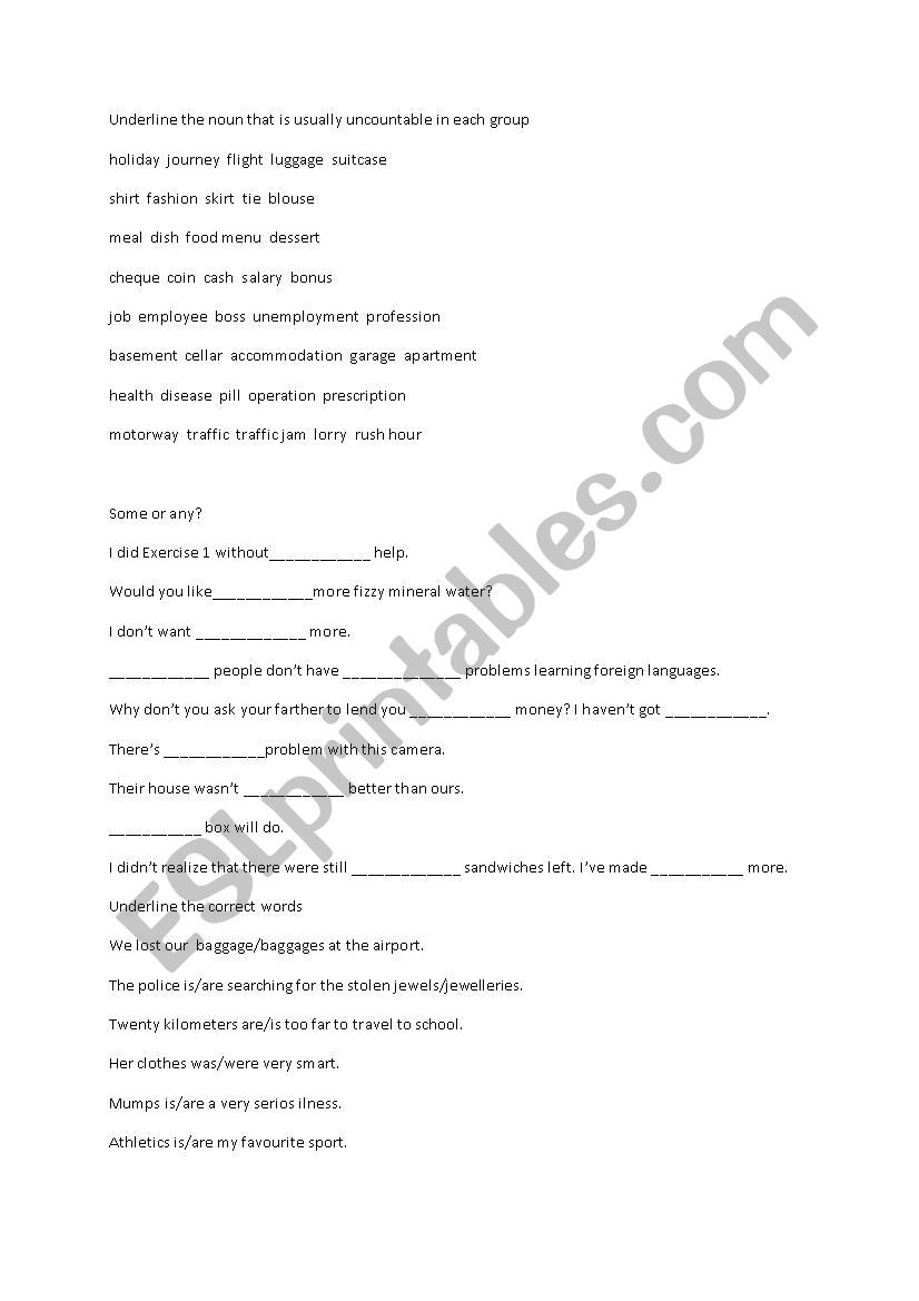 Countable & uncountable nouns, quantifiers