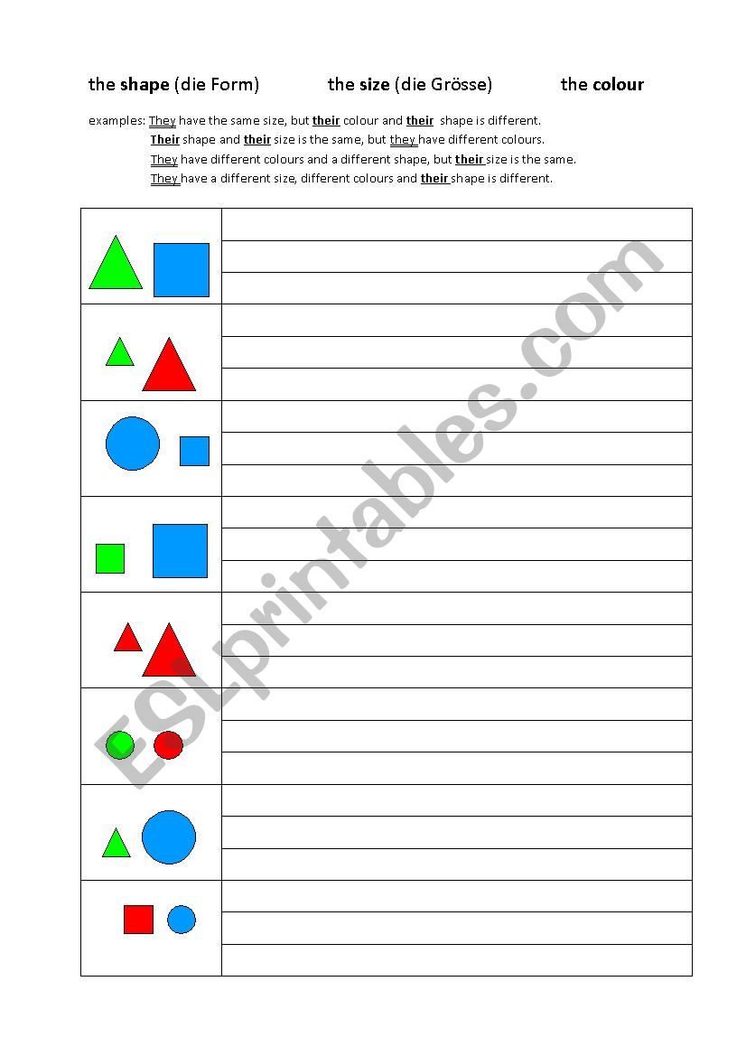 shape, size, colour worksheet