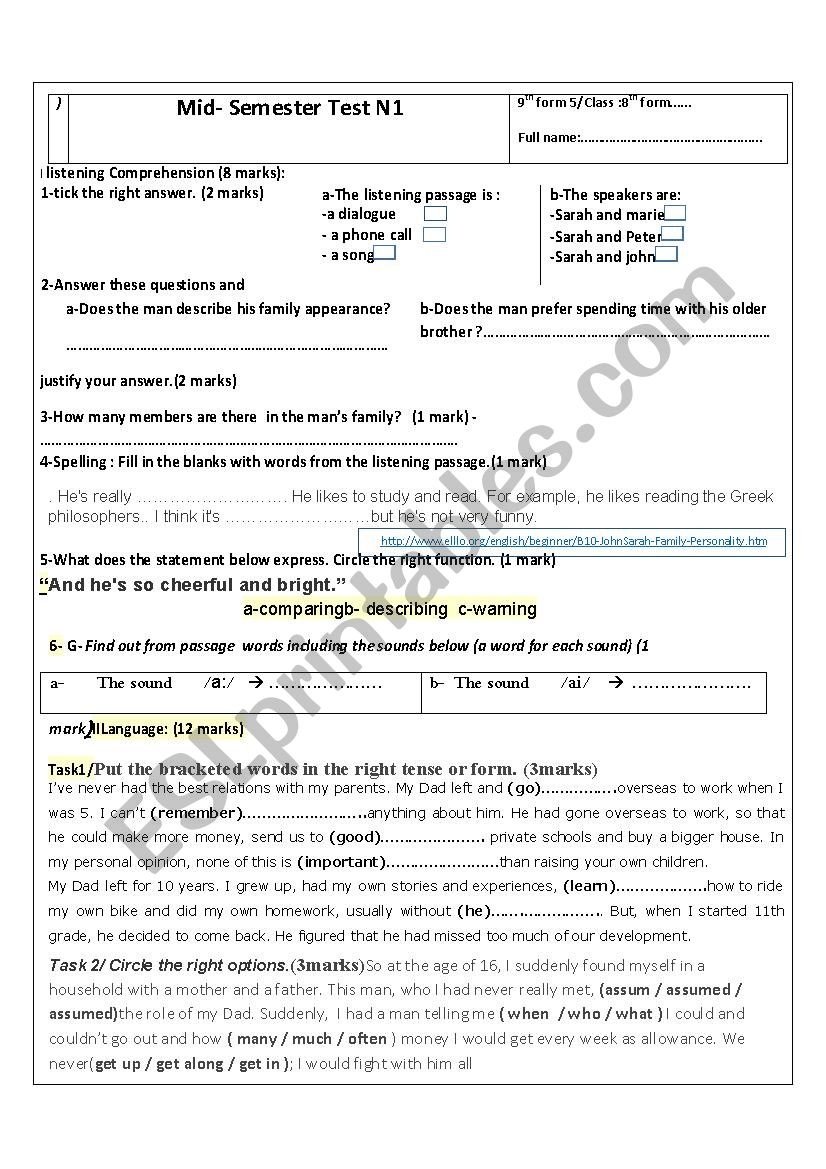  Test : listening comprehension and activities that revolve around Family relatioships