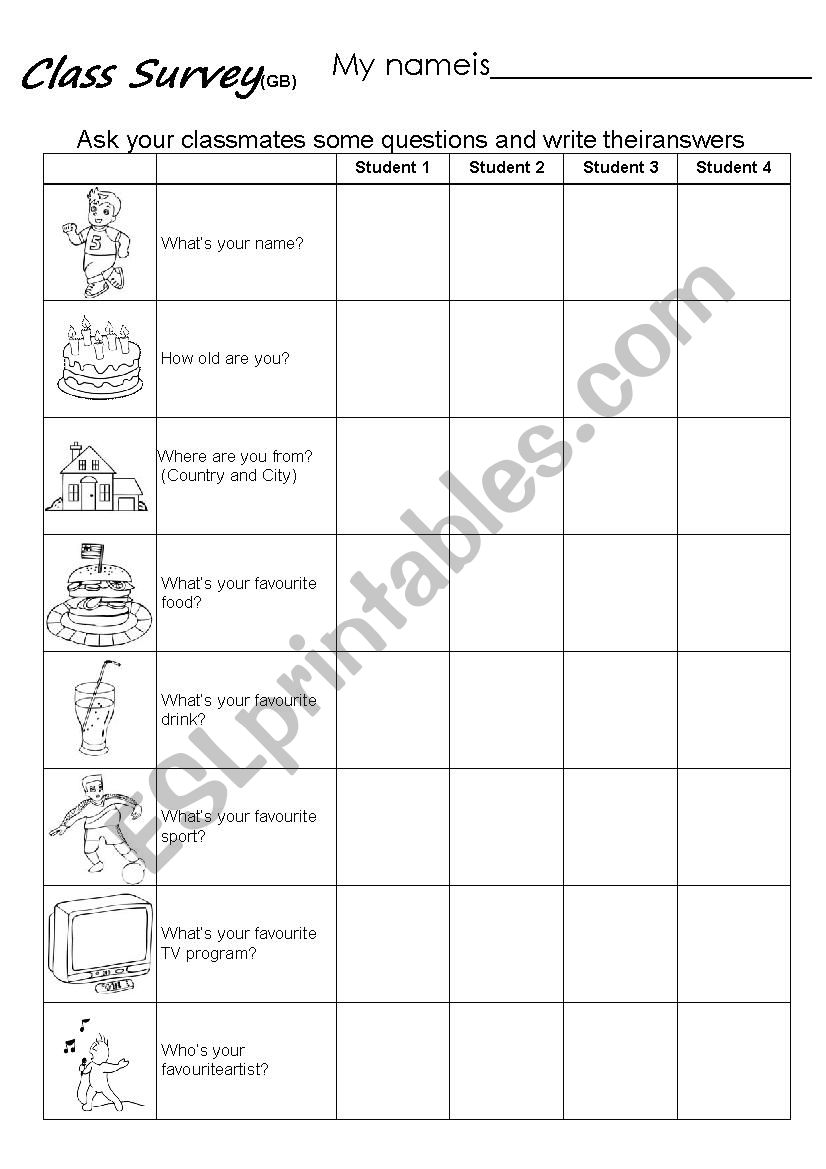 Class Survey worksheet
