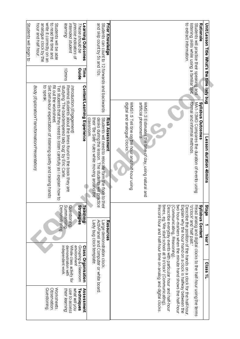 Grouch Ladybug Time Sheet worksheet