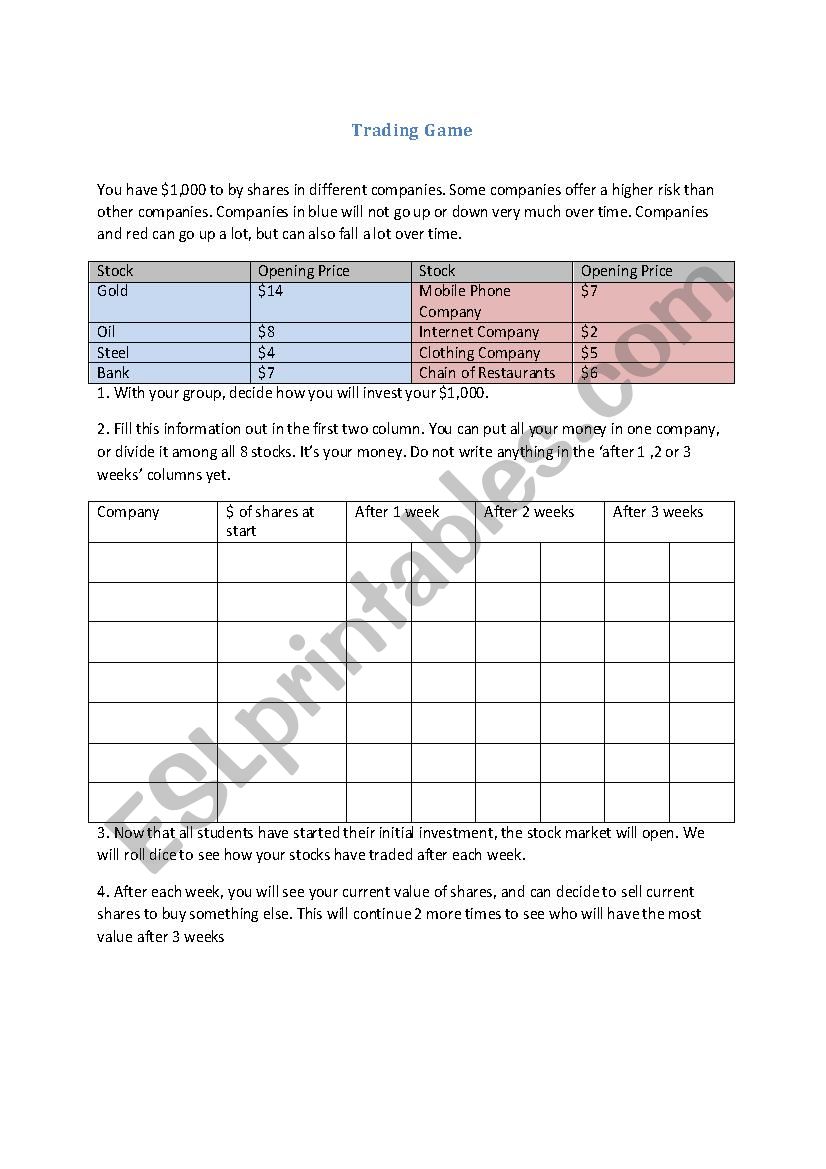 Stock Trading Game worksheet