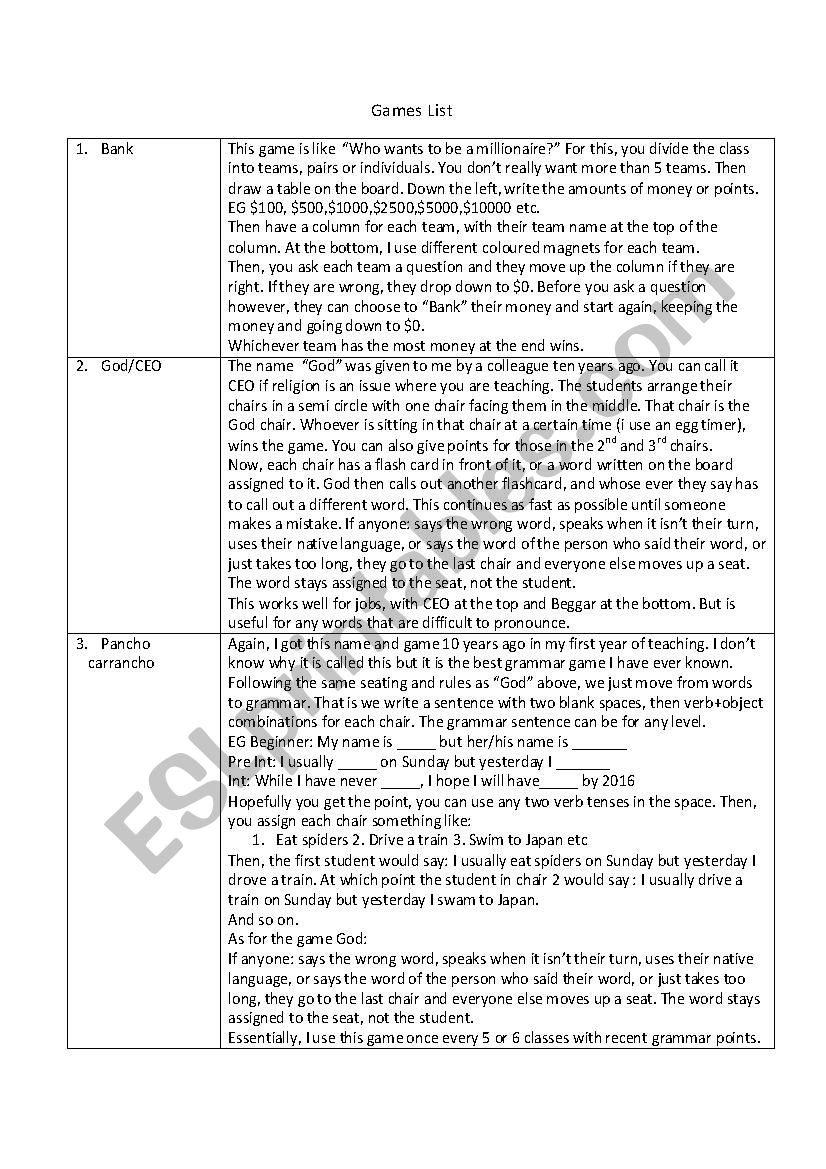 100 Games for ESL Teachers worksheet