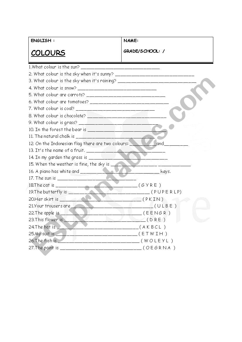 colours worksheet